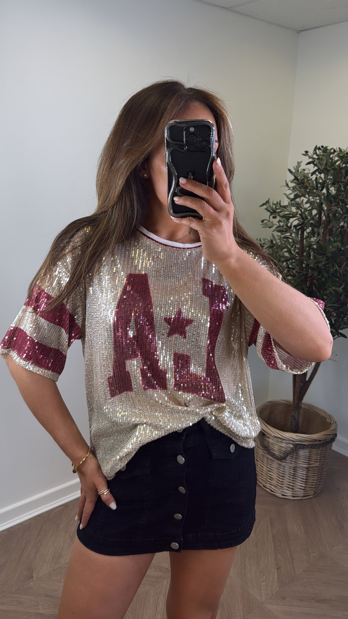KASEY burgundy and gold sequin LA top