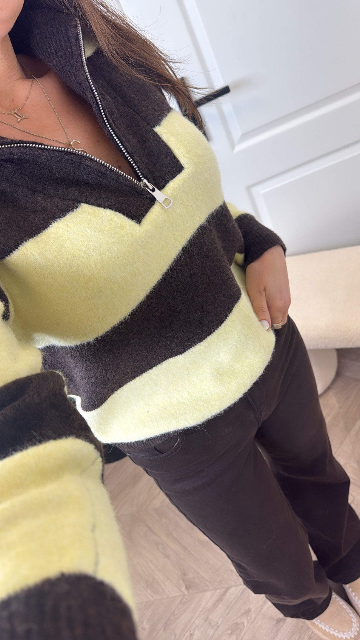 CLARA brown and yellow half zip jumper