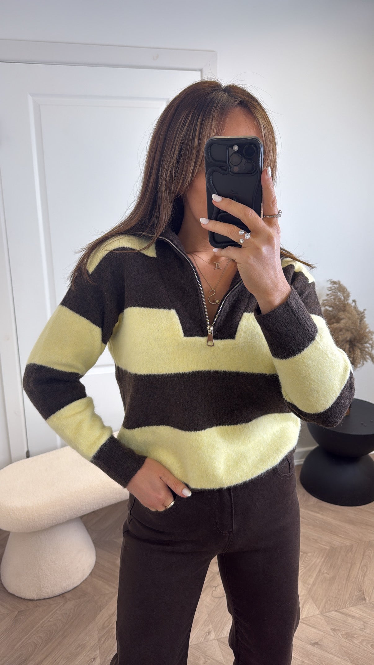 CLARA brown and yellow half zip jumper