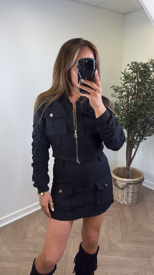 SANDIE black bomber jacket and skort co-ord