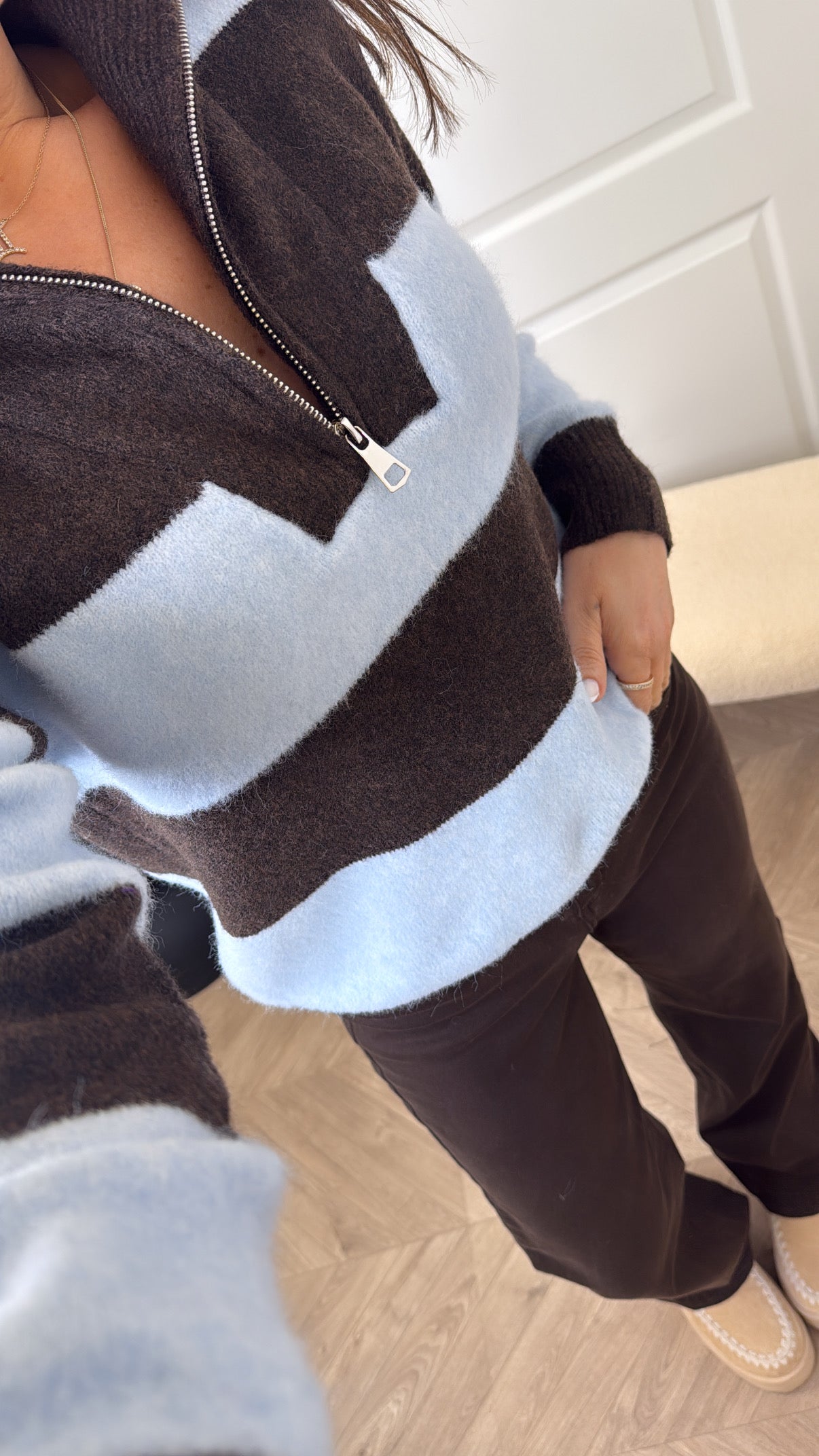 CLARA brown and blue half zip jumper