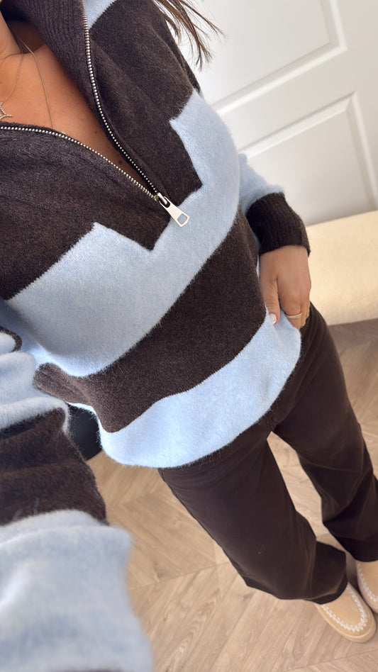 CLARA brown and blue half zip jumper
