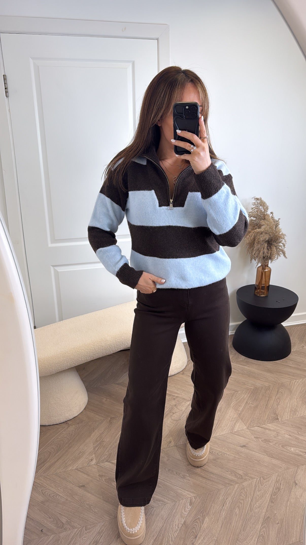 CLARA brown and blue half zip jumper