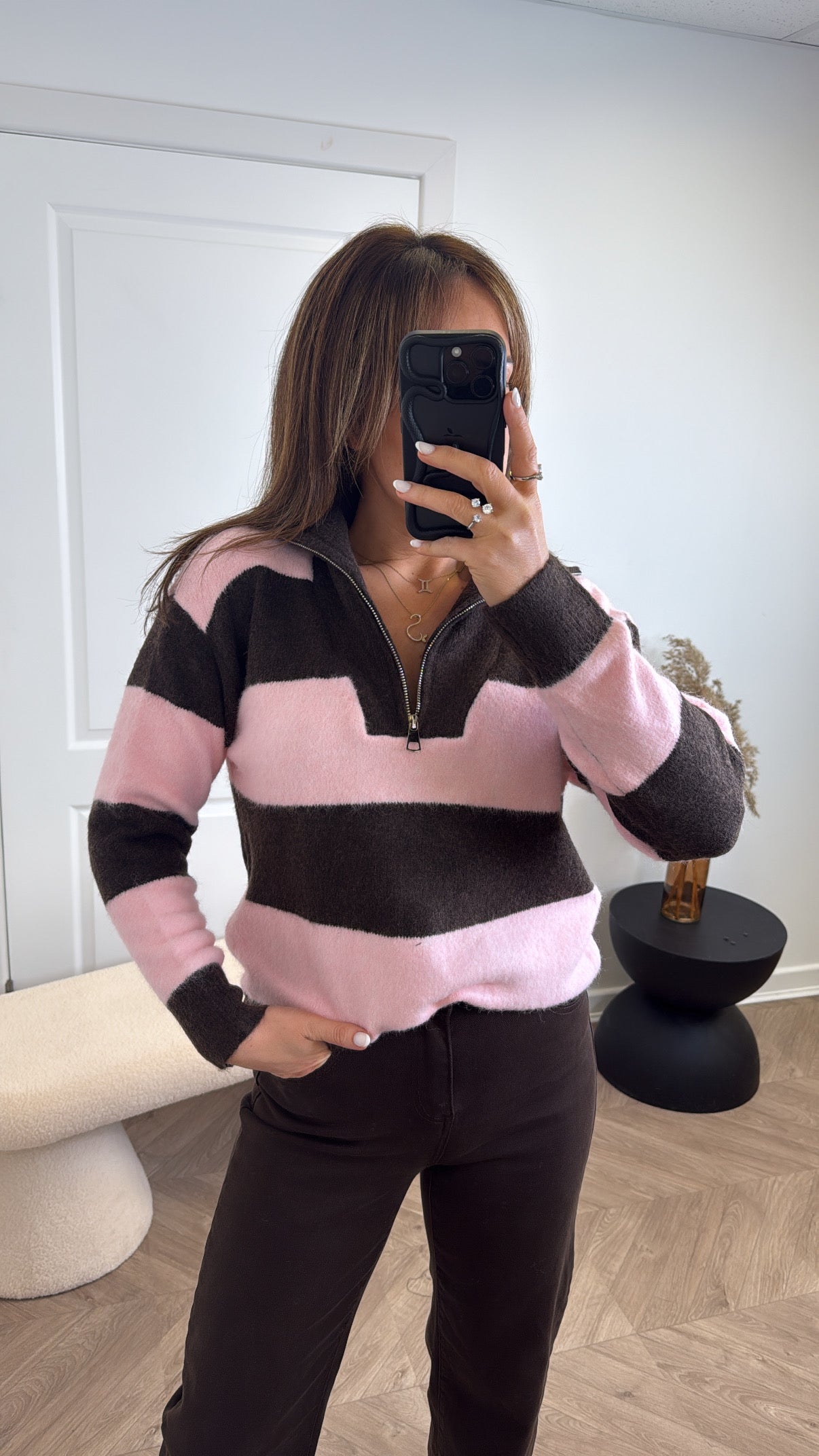 CLARA brown and pink half zip jumper