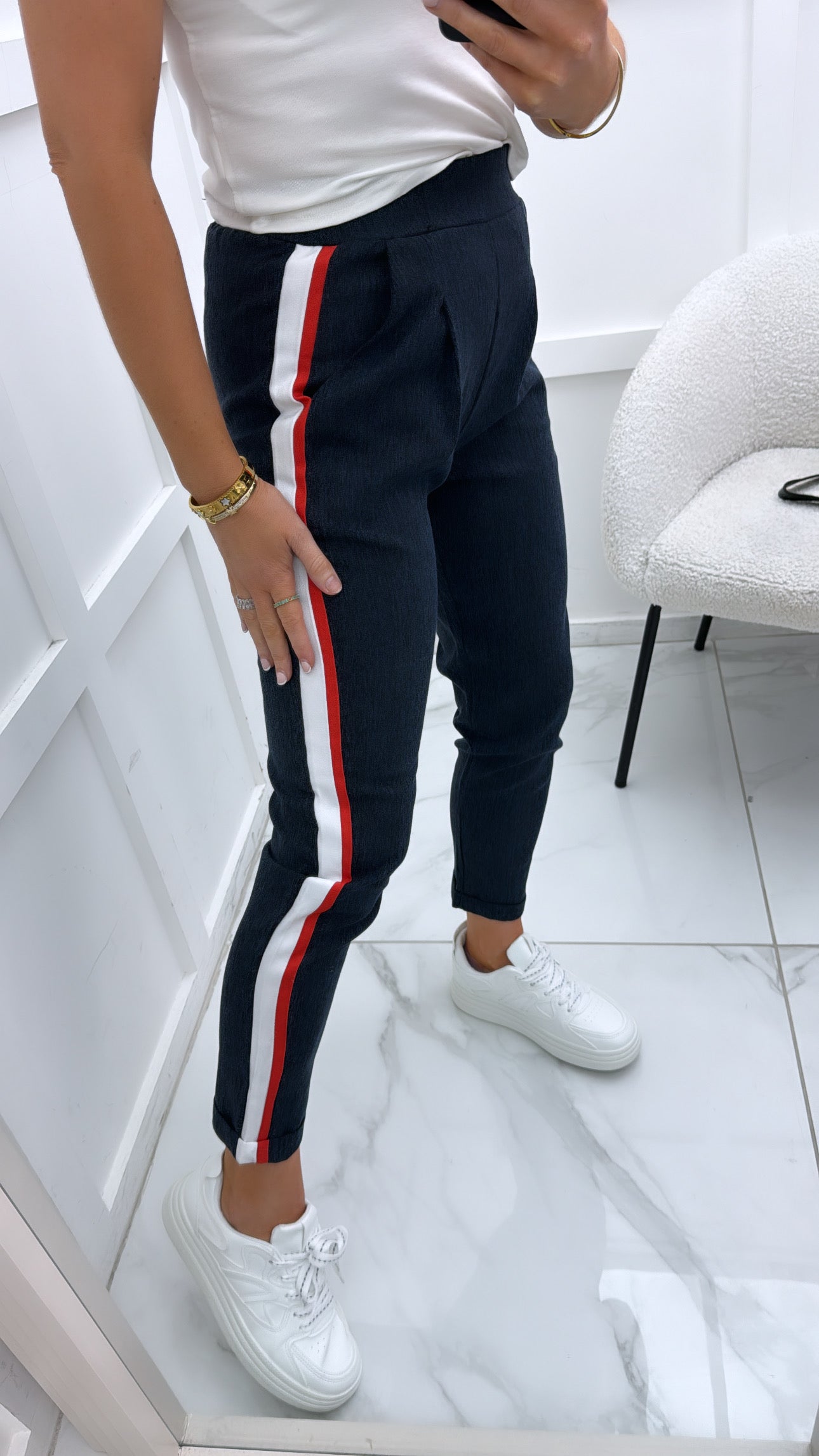 HEIDI navy tailored trousers with contrast stripe