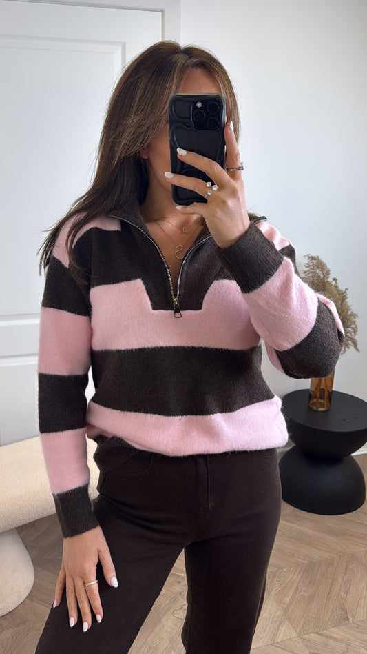 CLARA brown and pink half zip jumper