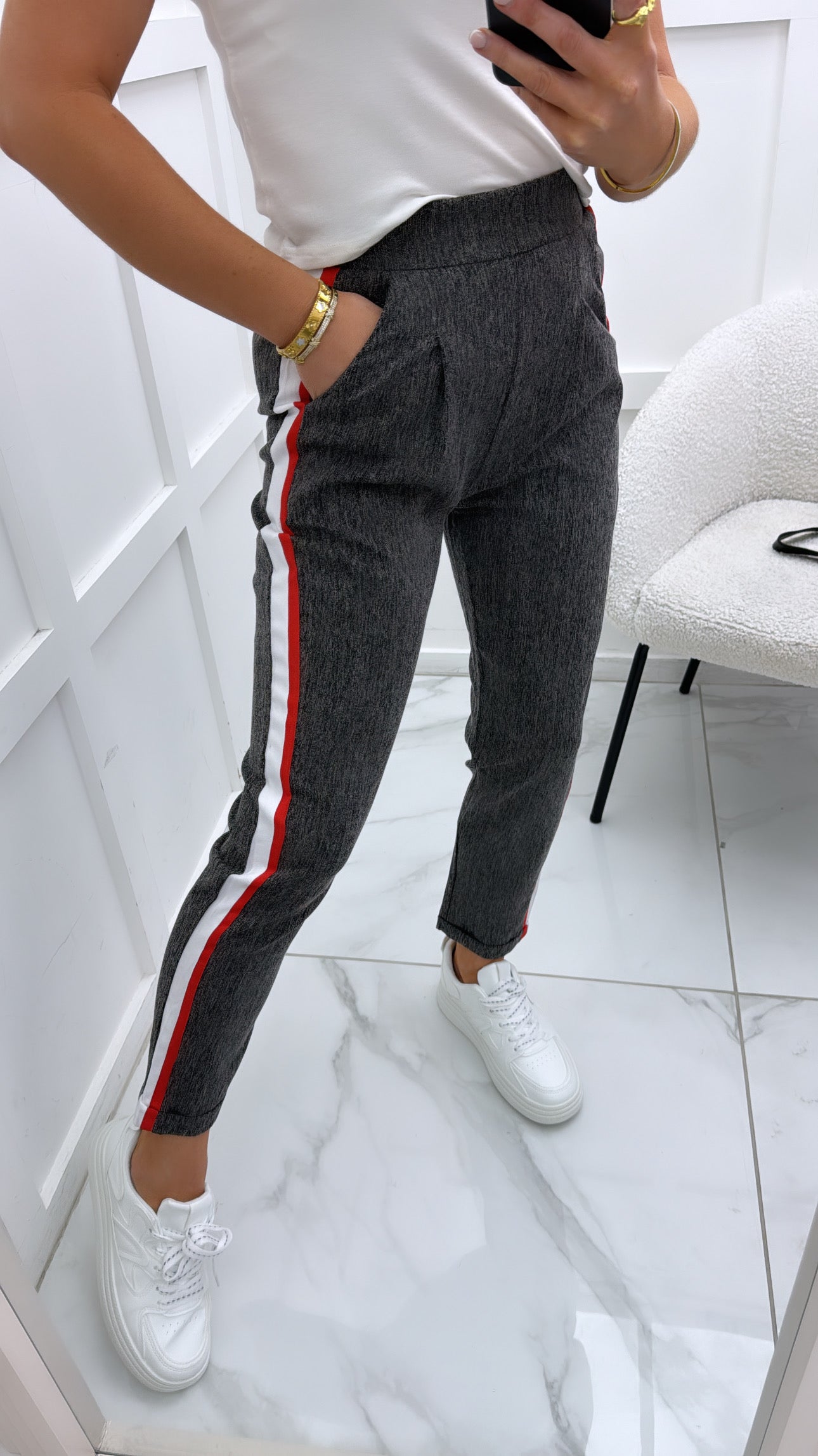 HEIDI grey tailored trousers with contrast stripe