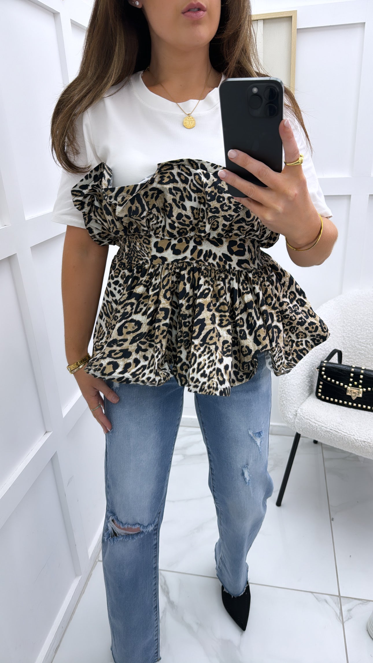 HAYLEE cream and leopard print ruffle detail top