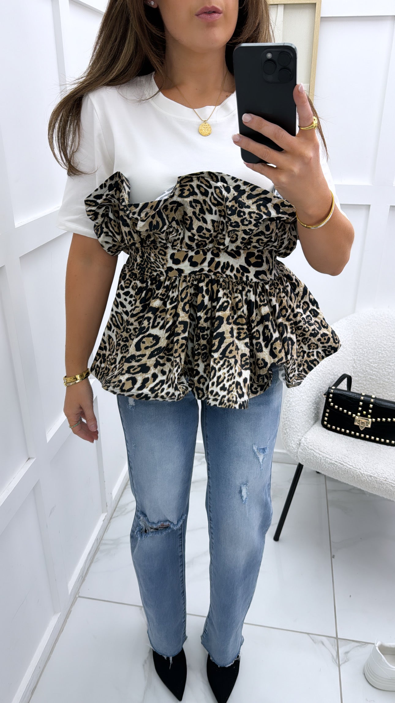 HAYLEE cream and leopard print ruffle detail top