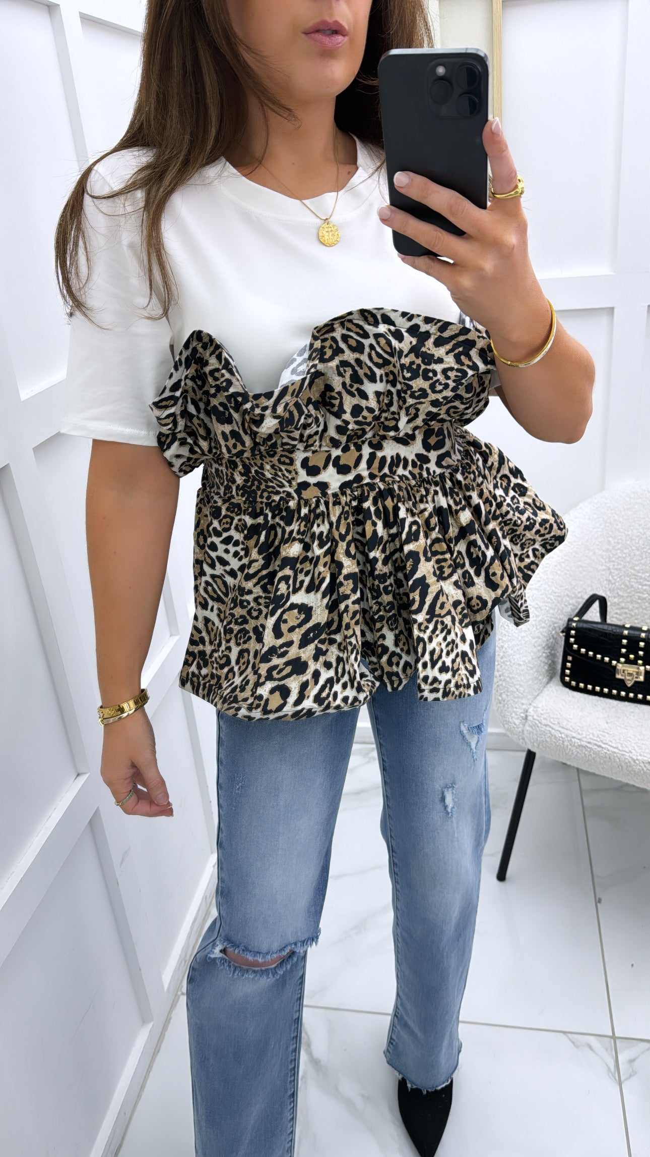 HAYLEE cream and leopard print ruffle detail top