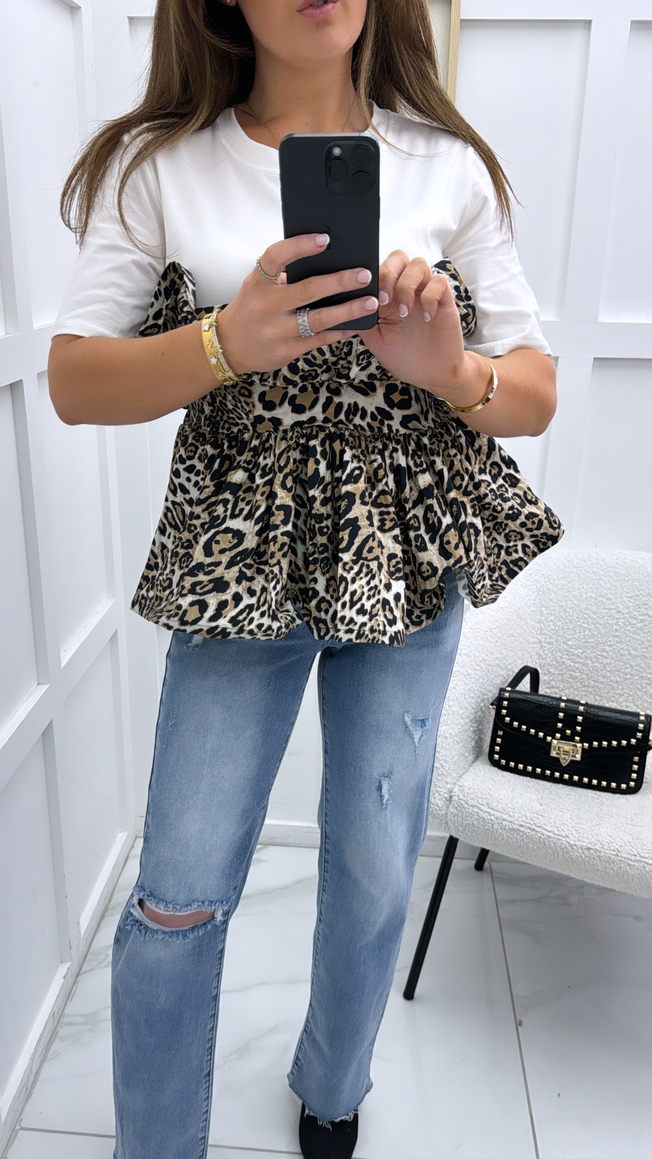 HAYLEE cream and leopard print ruffle detail top