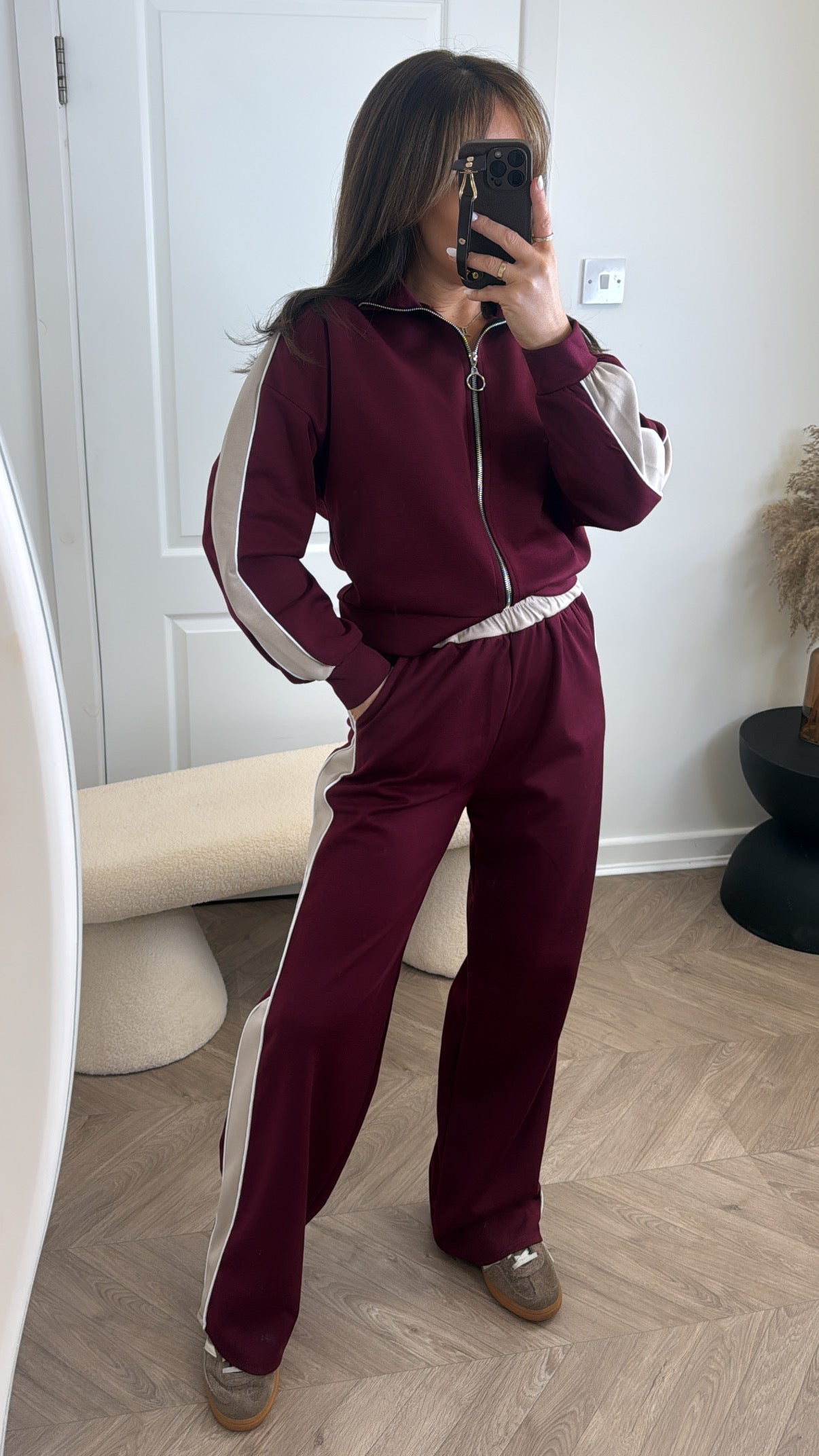 ISABELLA burgundy contrast zip up lounge set