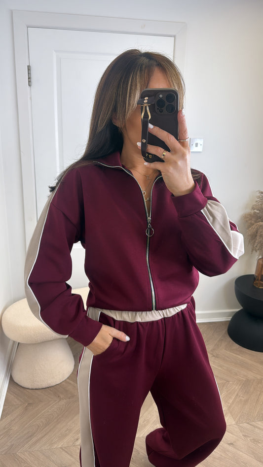 ISABELLA burgundy contrast zip up lounge set