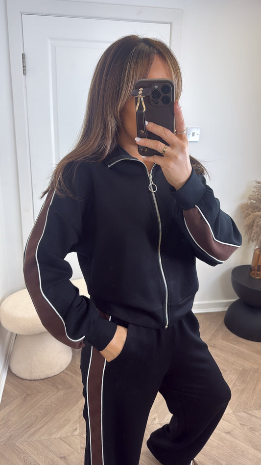 ISABELLA black contrast zip up lounge set