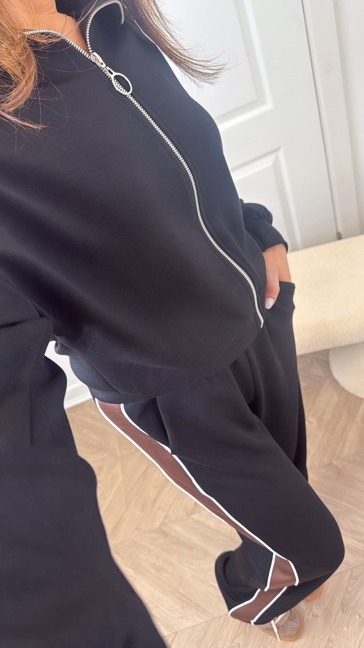 ISABELLA black contrast zip up lounge set