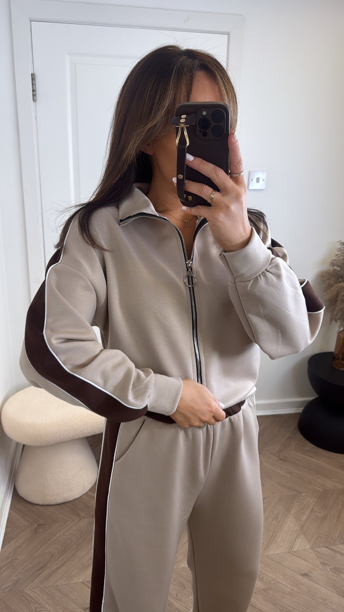 ISABELLA beige contrast zip up lounge set