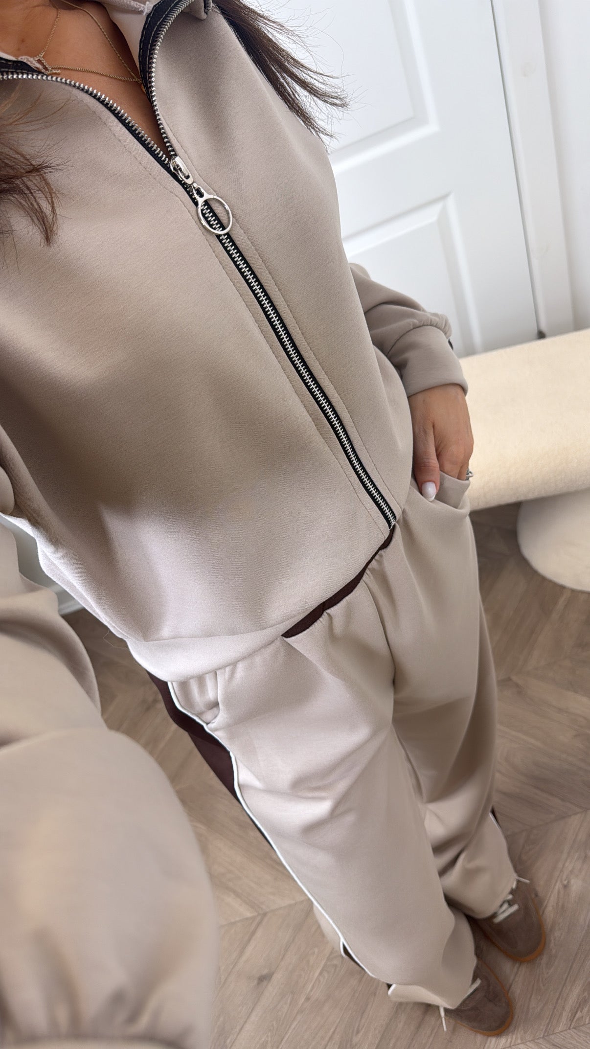 ISABELLA beige contrast zip up lounge set