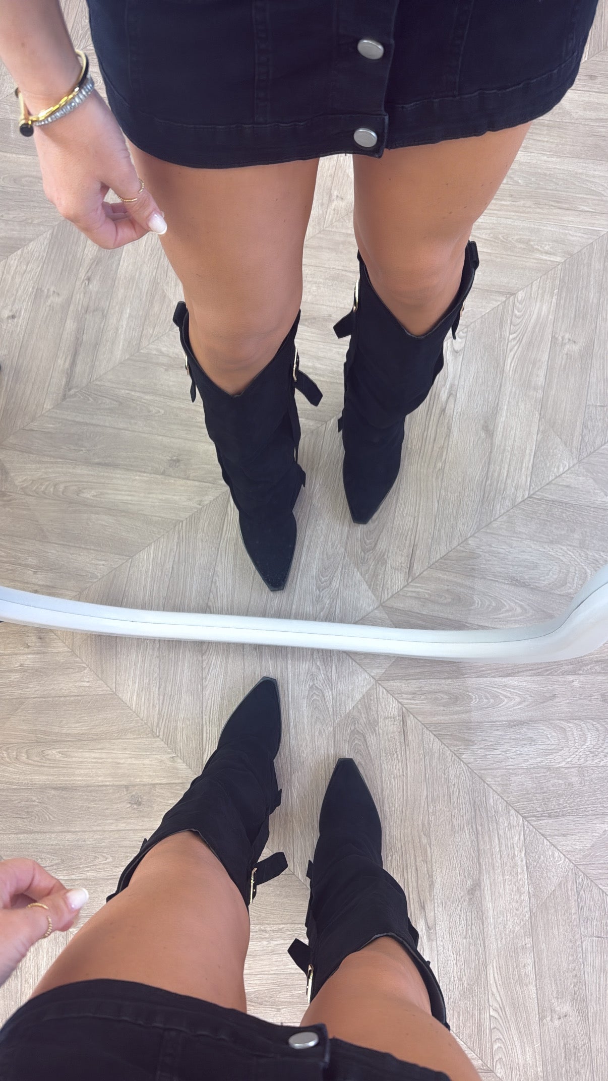 MELODY black fold over buckle detail knee boots