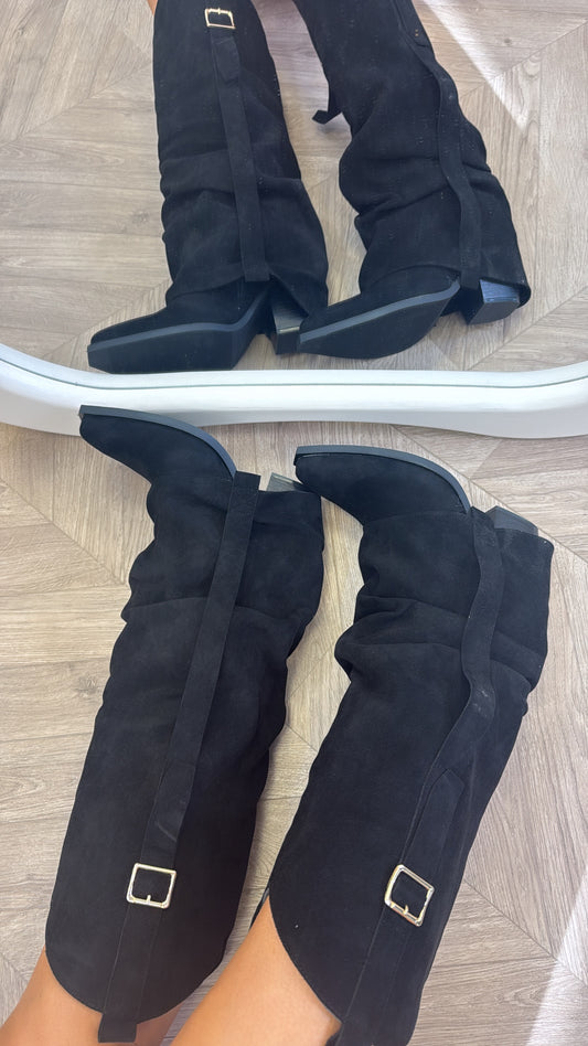 MELODY black fold over buckle detail knee boots