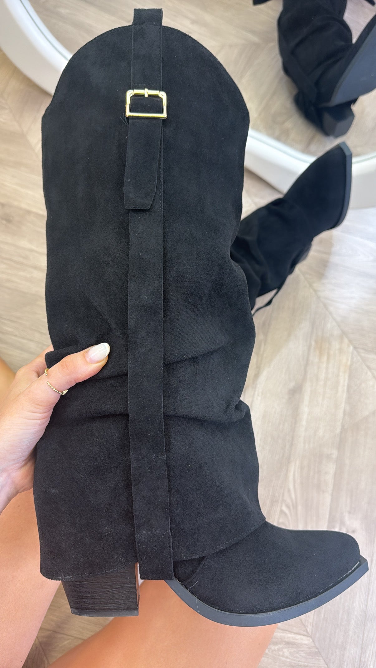 MELODY black fold over buckle detail knee boots