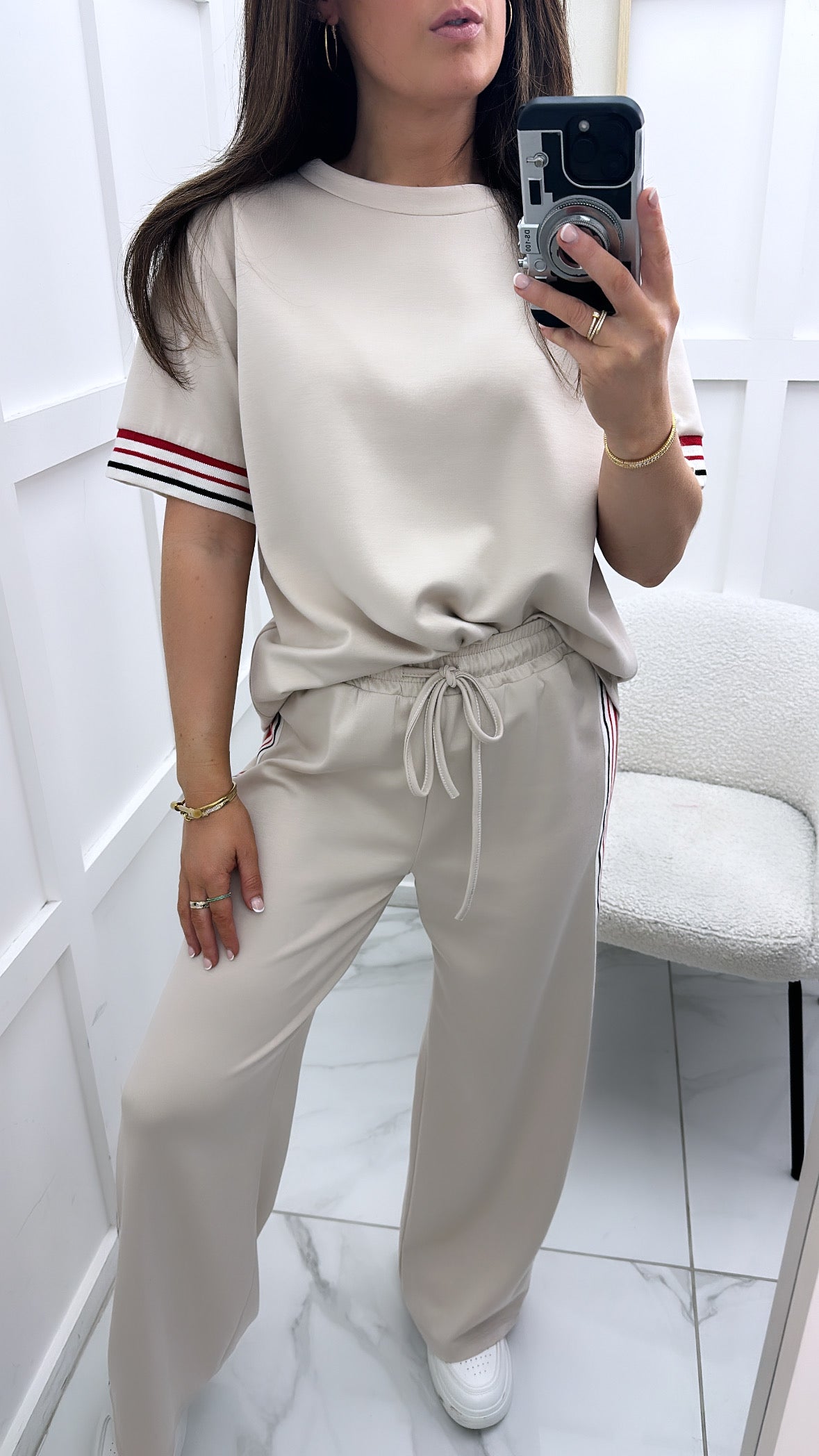 JESSICA cream with contrast stripe t-shirt and wide leg joggers co-ord