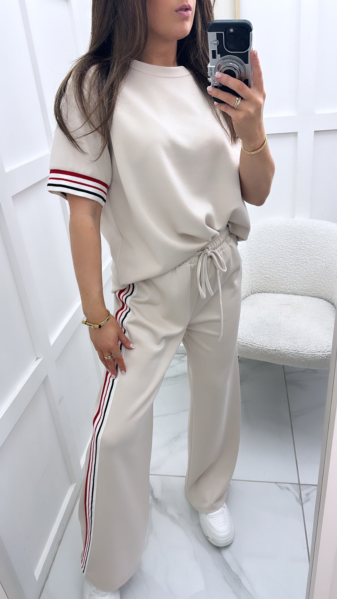 JESSICA cream with contrast stripe t-shirt and wide leg joggers co-ord