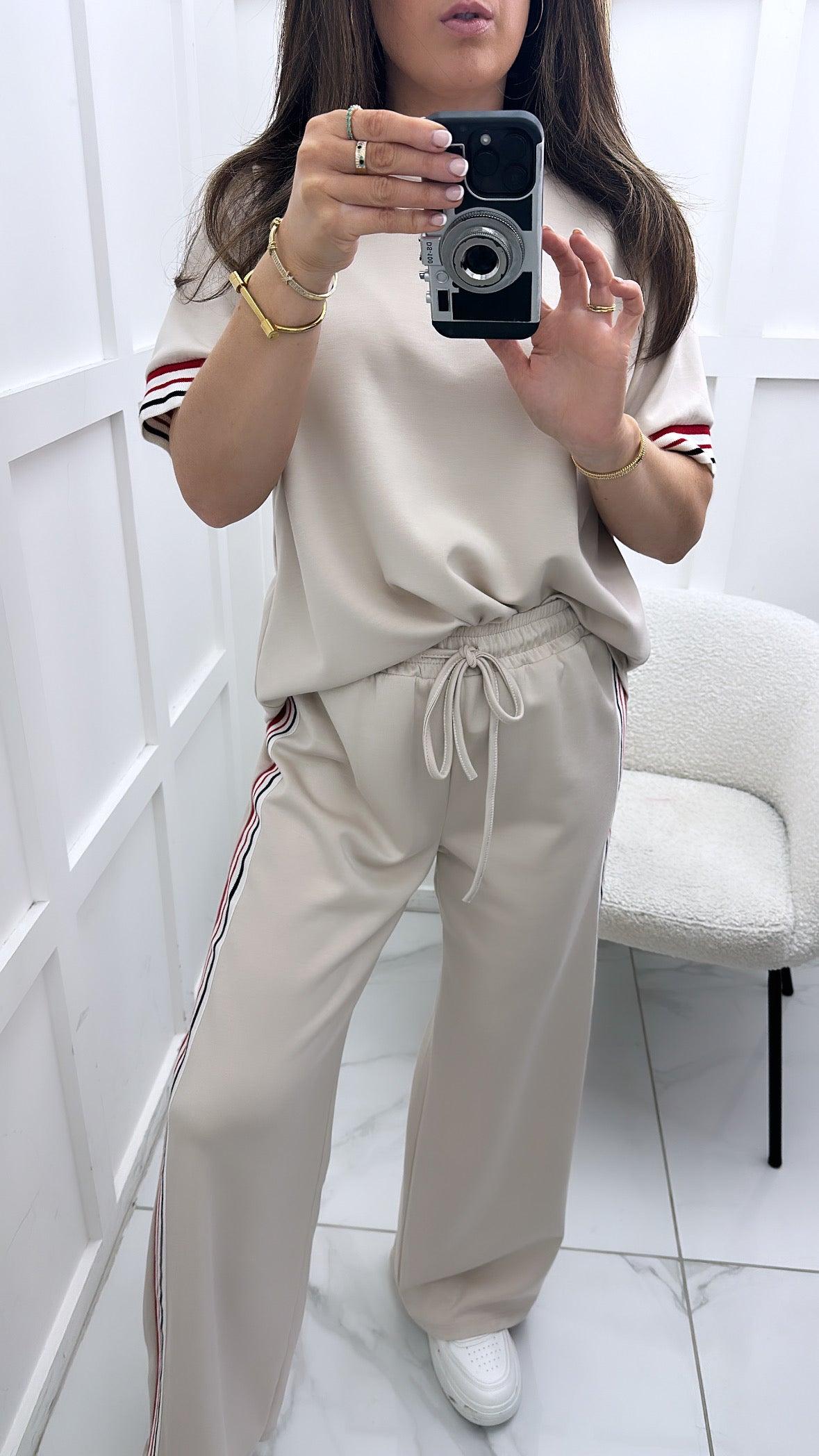 JESSICA cream with contrast stripe t-shirt and wide leg joggers co-ord