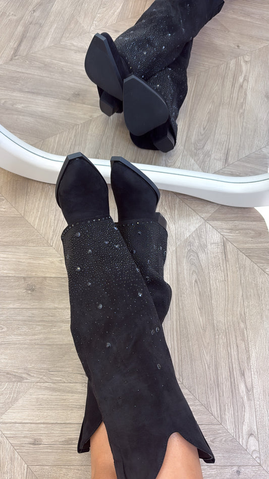 CLARISSA black diamante detail fold down cow boy boots