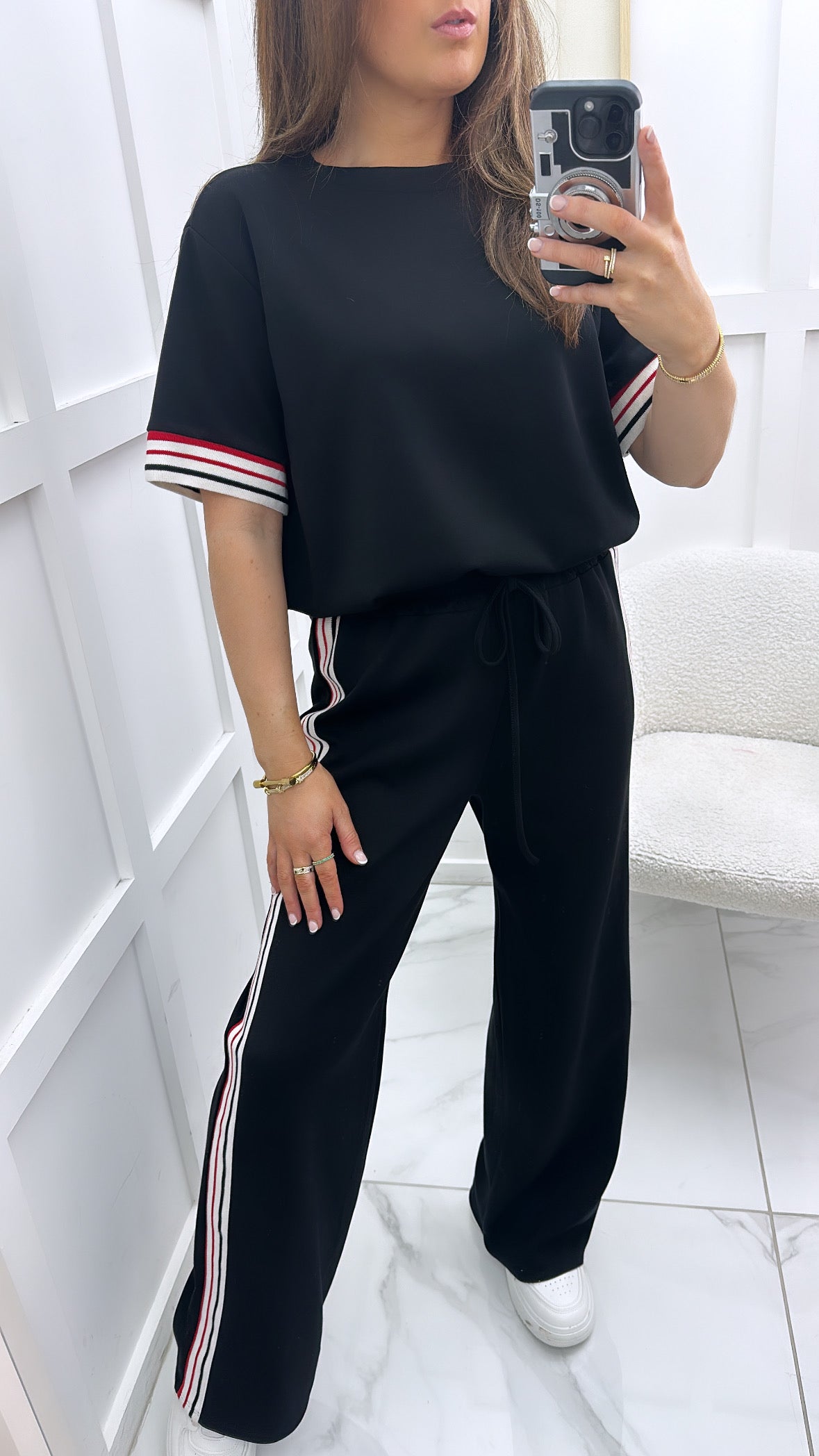 JESSICA black with contrast stripe t-shirt and wide leg joggers co-ord