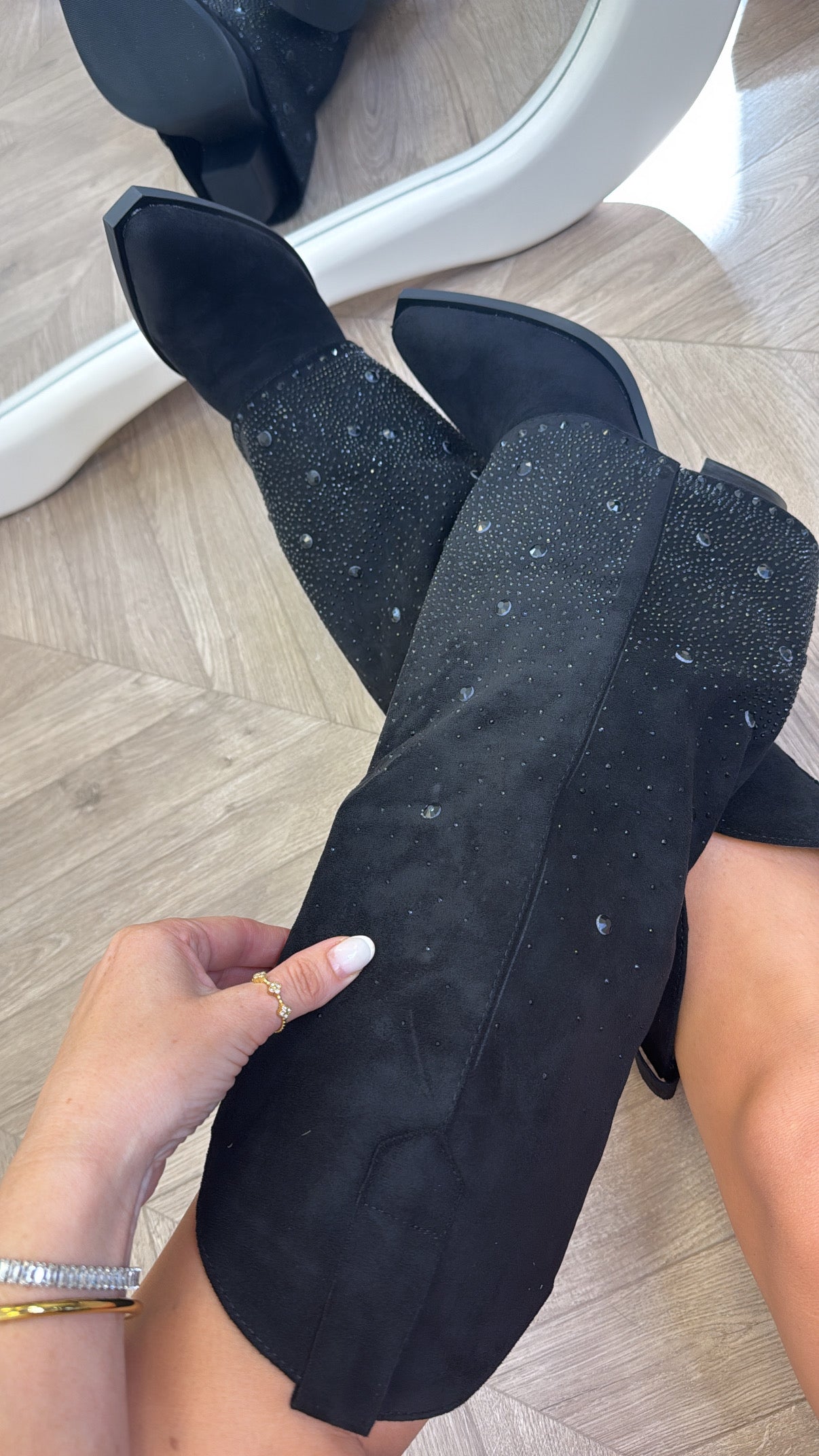 CLARISSA black diamante detail fold down cow boy boots