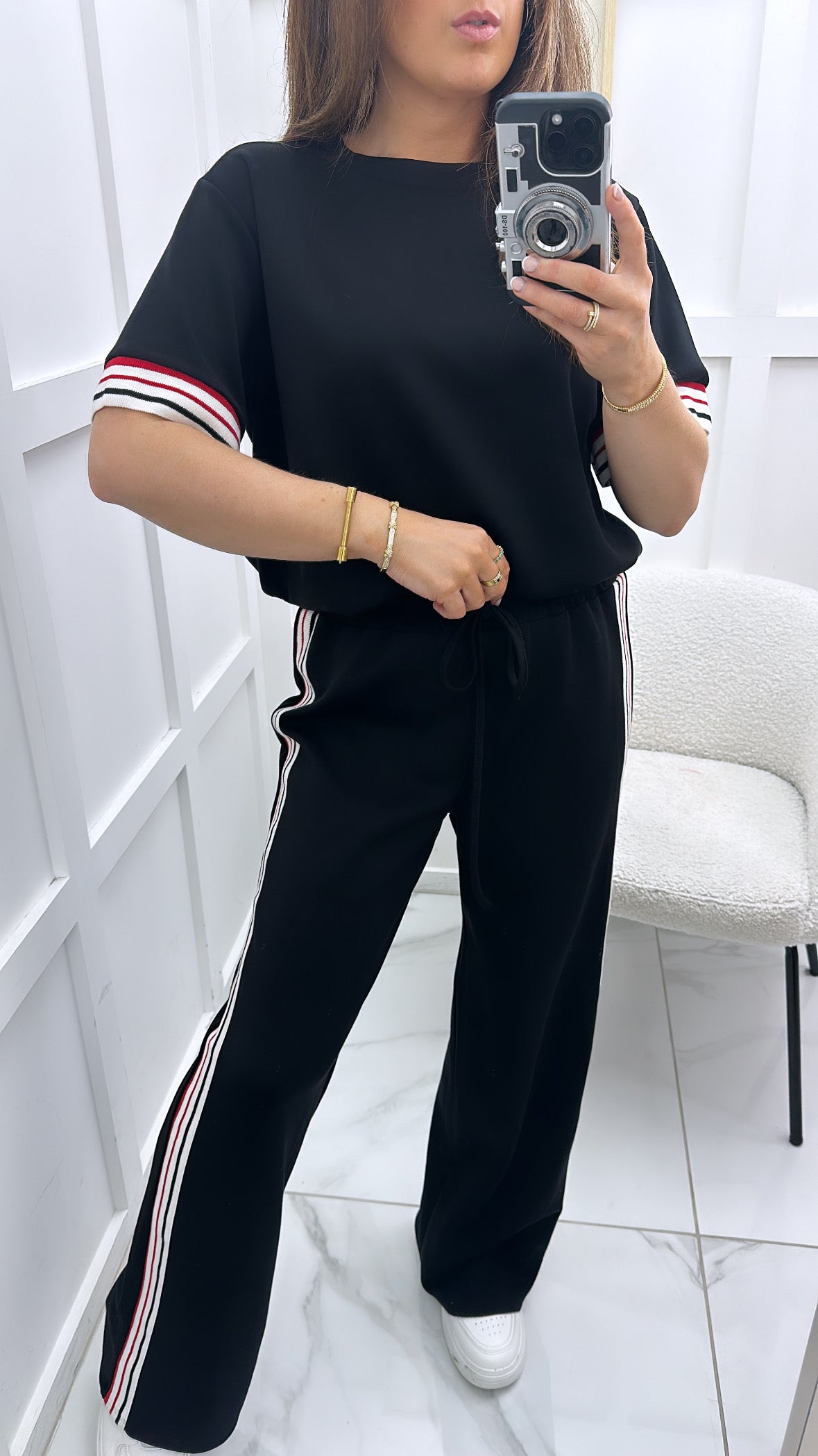 JESSICA black with contrast stripe t-shirt and wide leg joggers co-ord