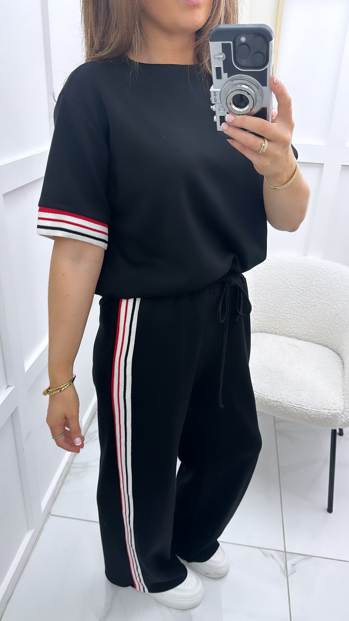 JESSICA black with contrast stripe t-shirt and wide leg joggers co-ord