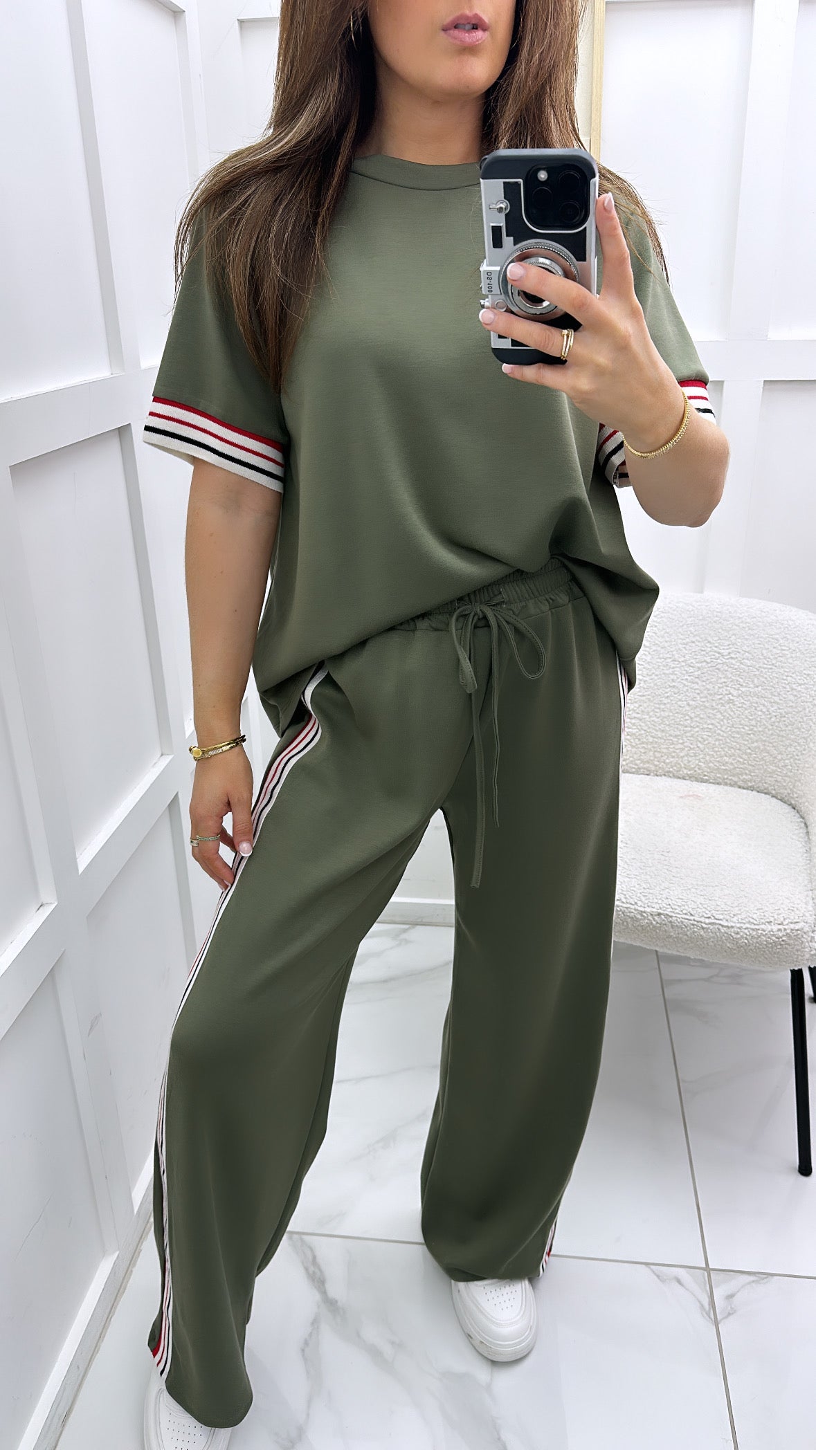 JESSICA khaki with contrast stripe t-shirt and wide leg joggers co-ord