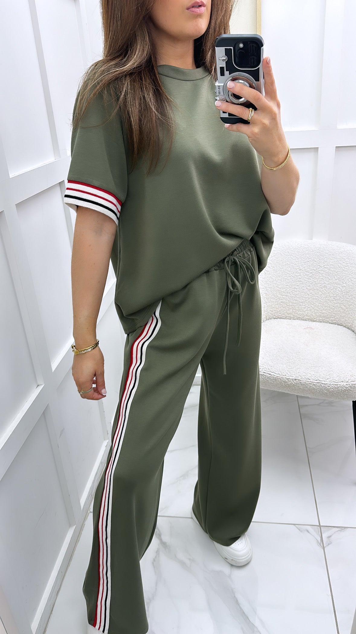 JESSICA khaki with contrast stripe t-shirt and wide leg joggers co-ord