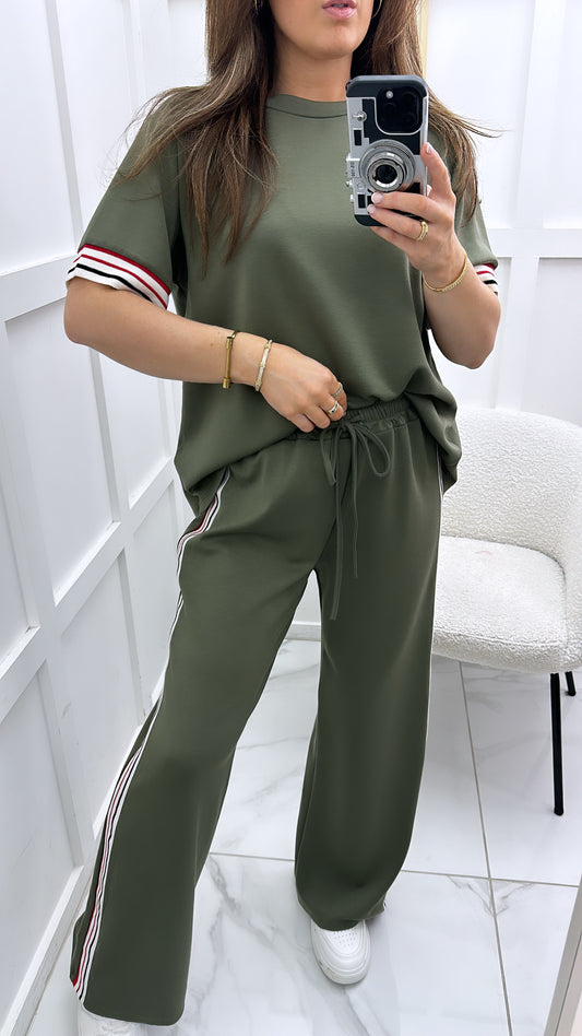 JESSICA khaki with contrast stripe t-shirt and wide leg joggers co-ord