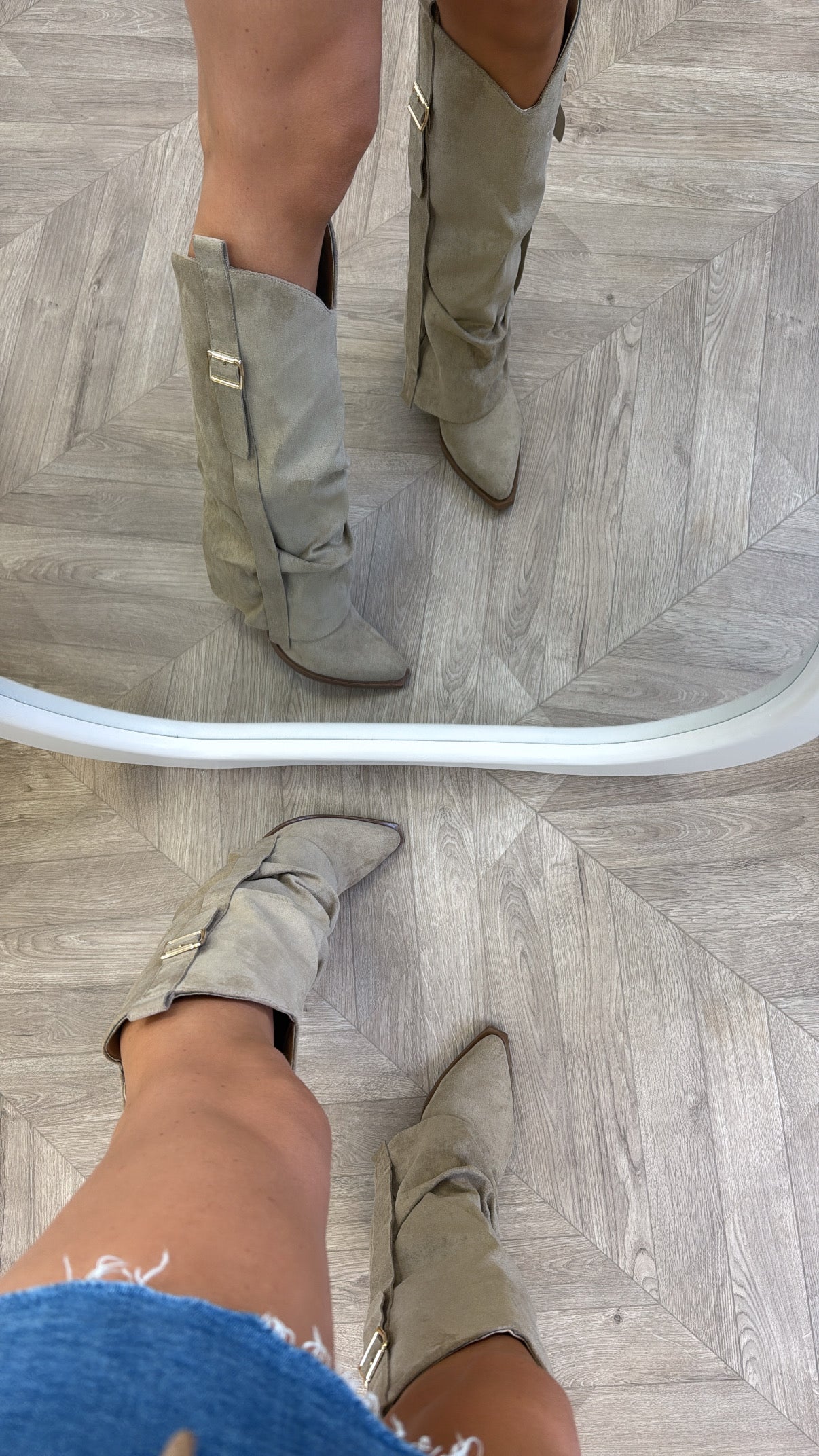 MELODY beige fold over buckle detail knee boots