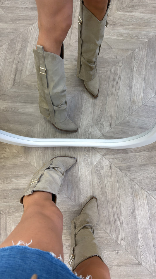 MELODY beige fold over buckle detail knee boots