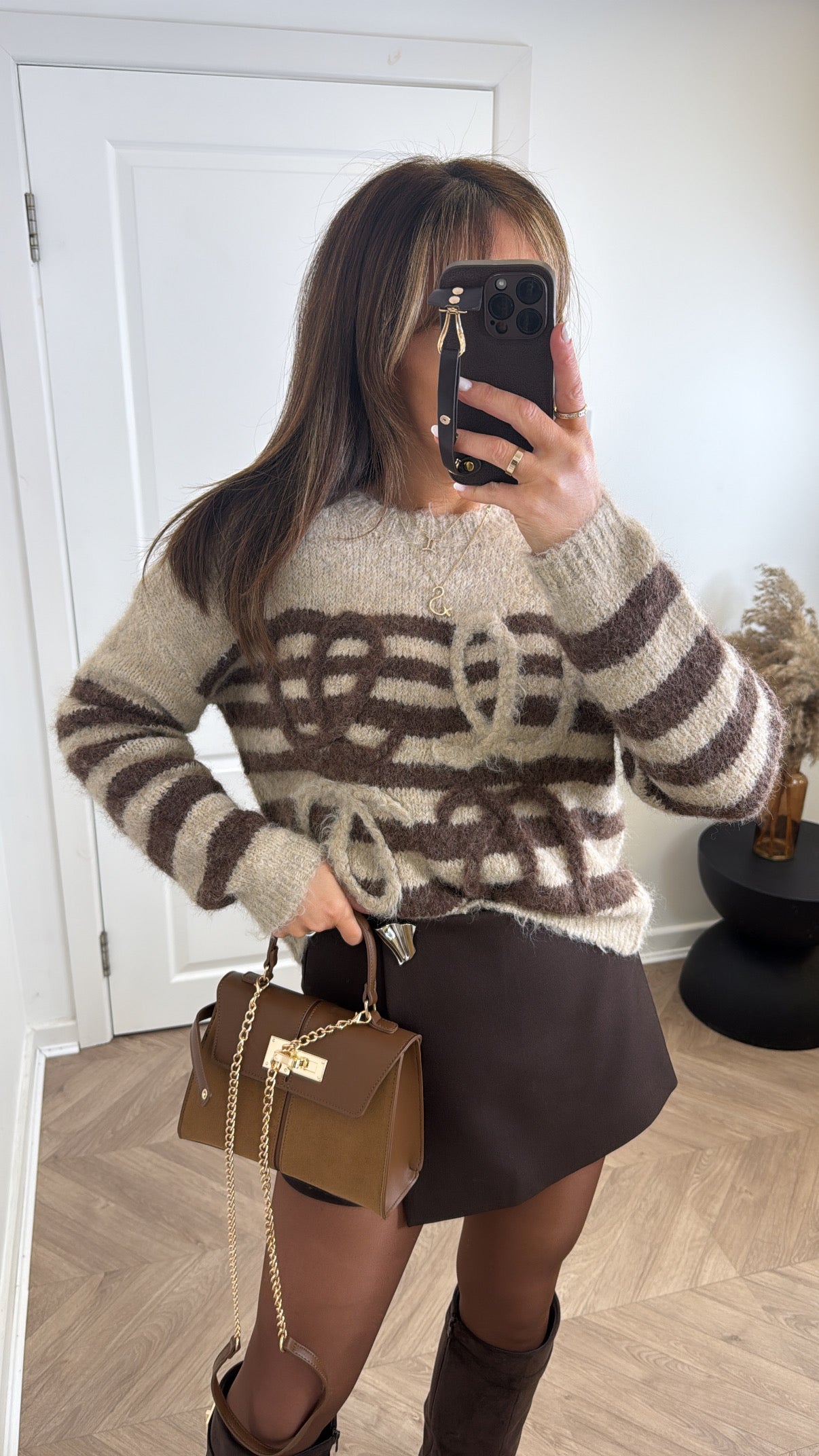 MOLLIE brown and beige fluffy stripe jumper