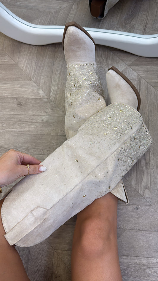 CLARISSA cream diamante detail fold down cow boy boots