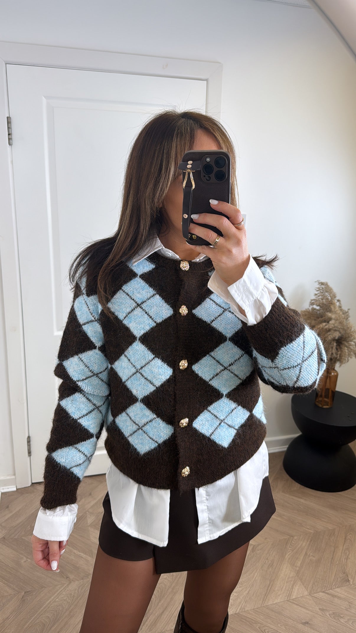 CHER blue and brown argyle cardigan with gold buttons