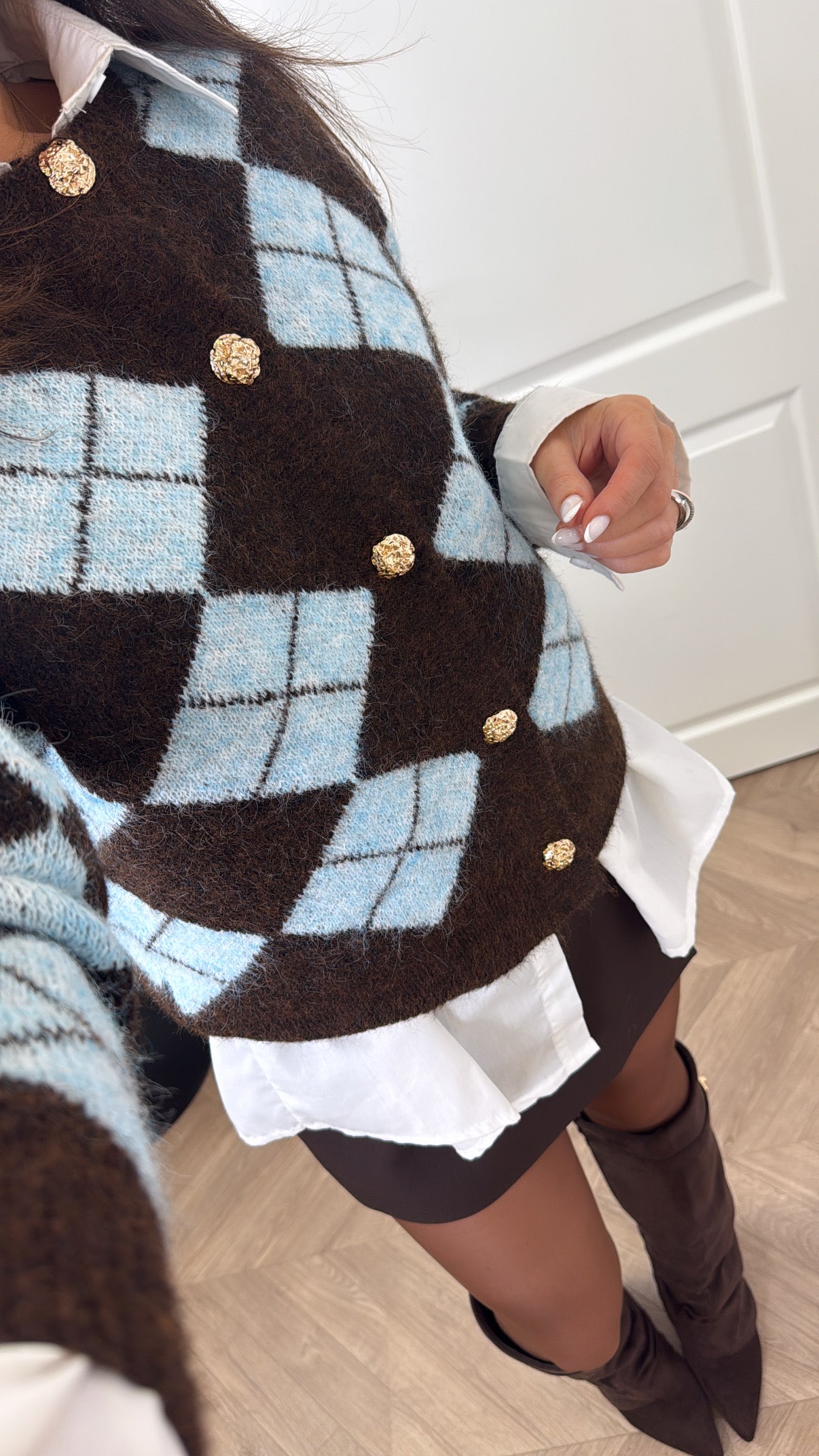 CHER blue and brown argyle cardigan with gold buttons