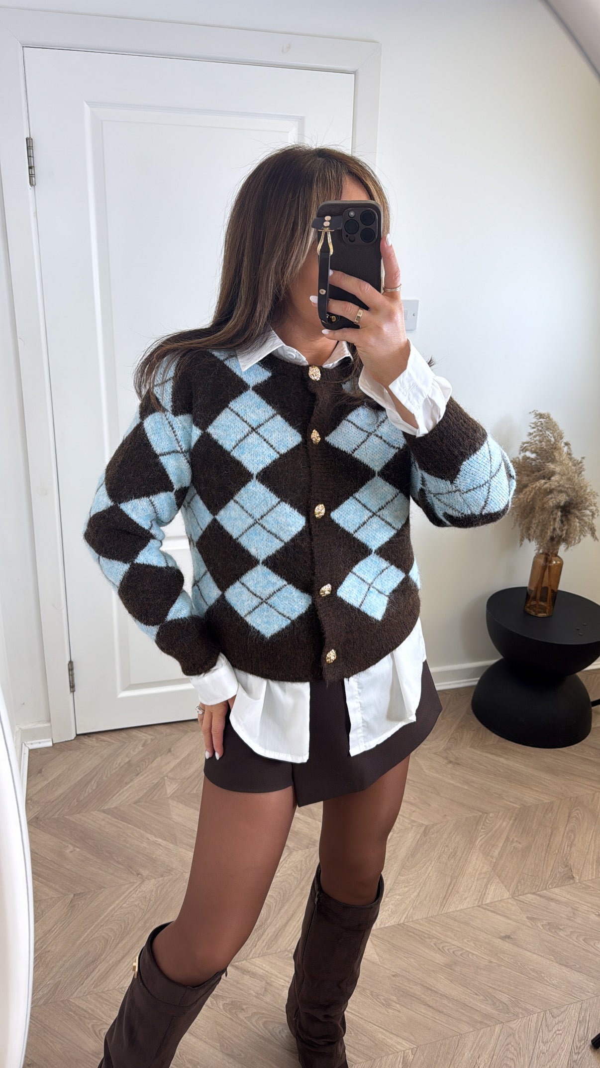 CHER blue and brown argyle cardigan with gold buttons