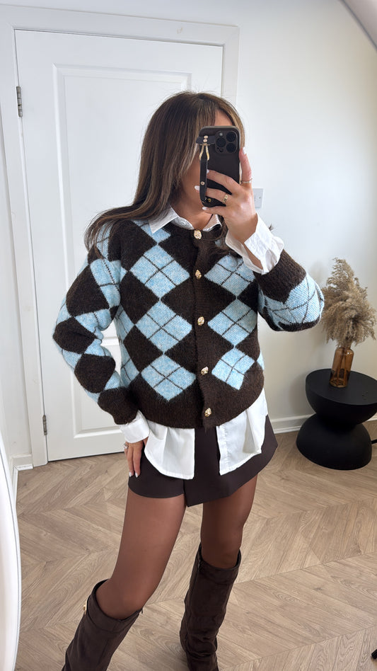 CHER blue and brown argyle cardigan with gold buttons