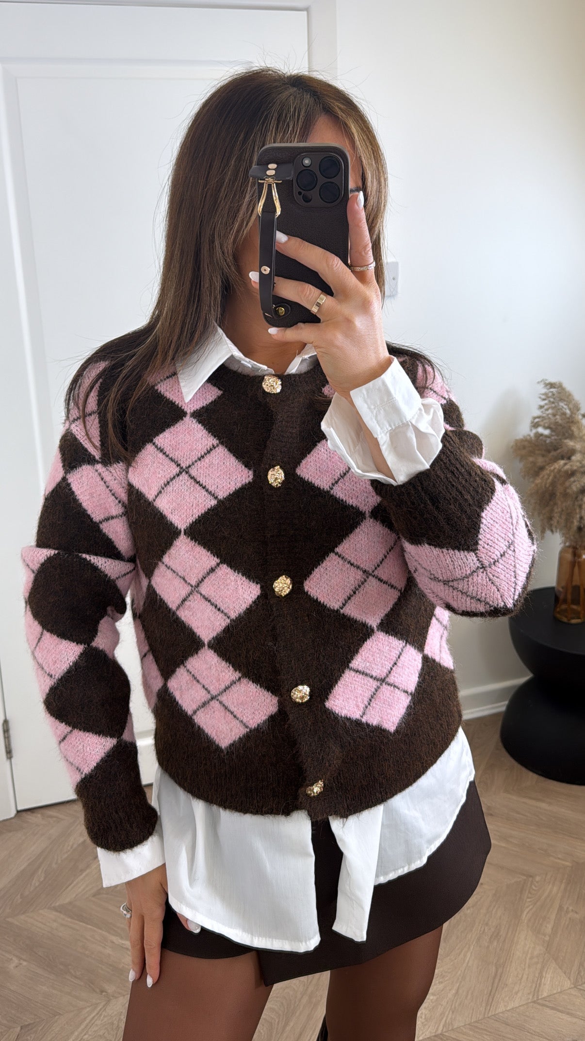CHER pink and brown argyle cardigan with gold buttons