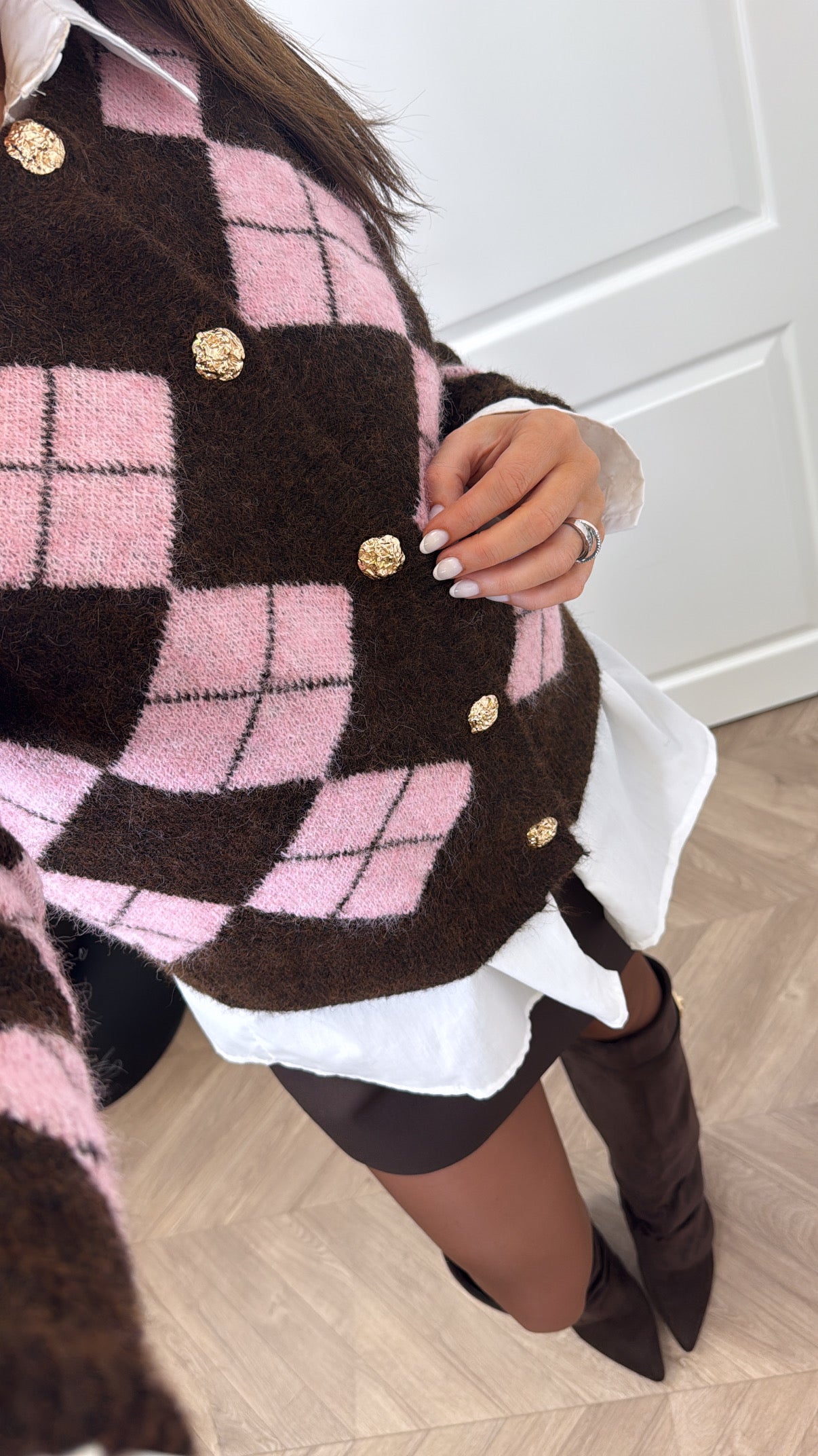 CHER pink and brown argyle cardigan with gold buttons