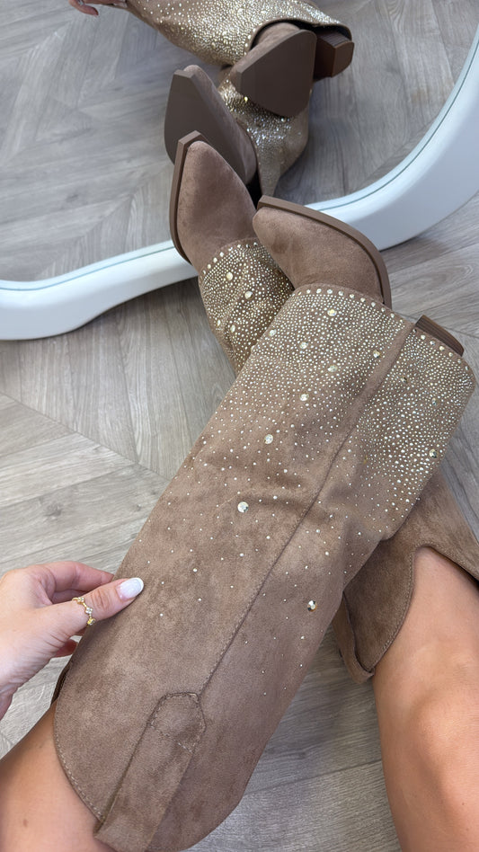 CLARISSA camel diamante detail fold down cow boy boots
