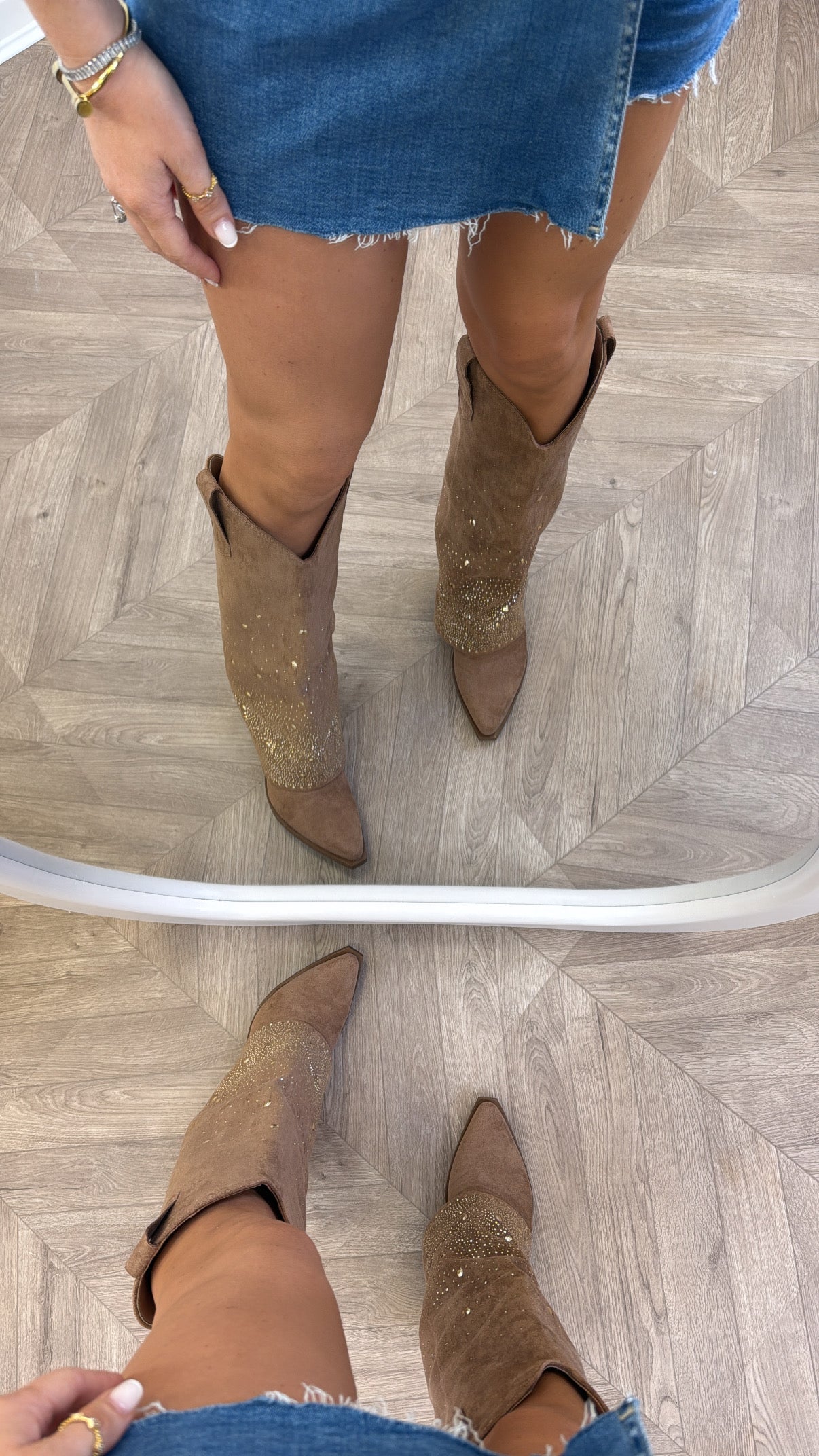 CLARISSA camel diamante detail fold down cow boy boots