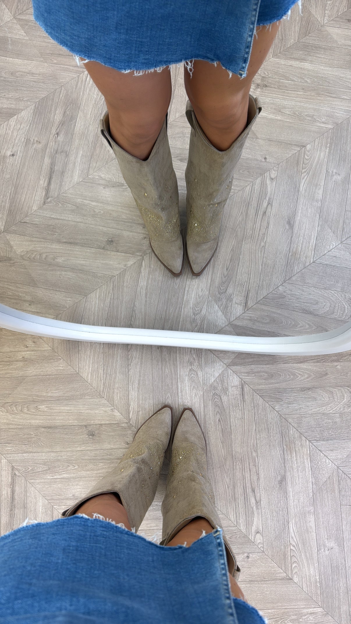 CLARISSA beige diamante detail fold down cow boy boots