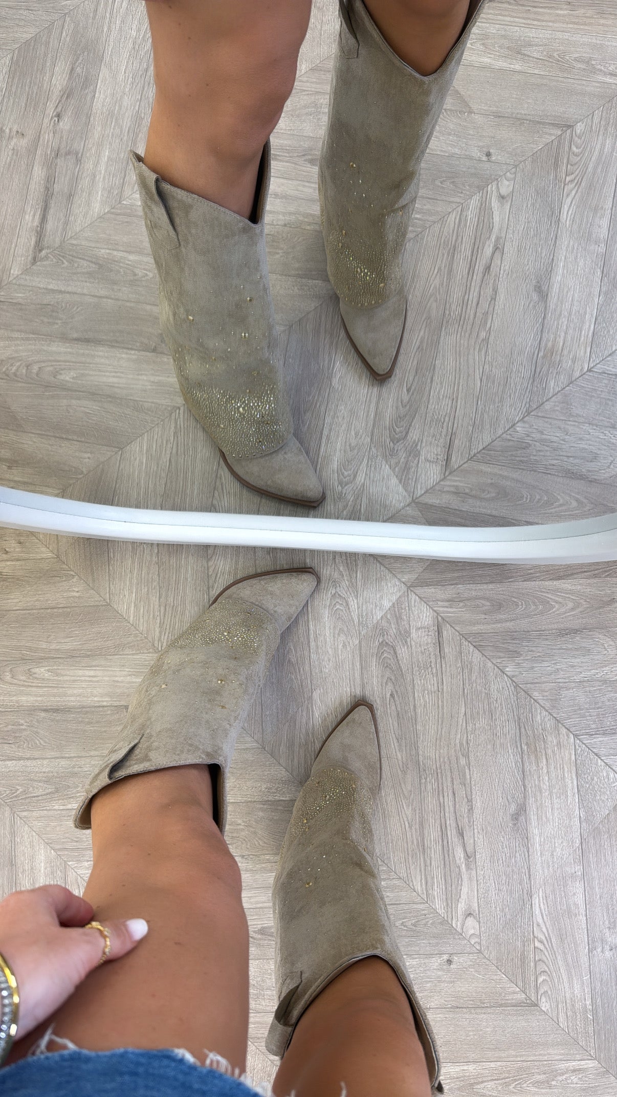 CLARISSA beige diamante detail fold down cow boy boots