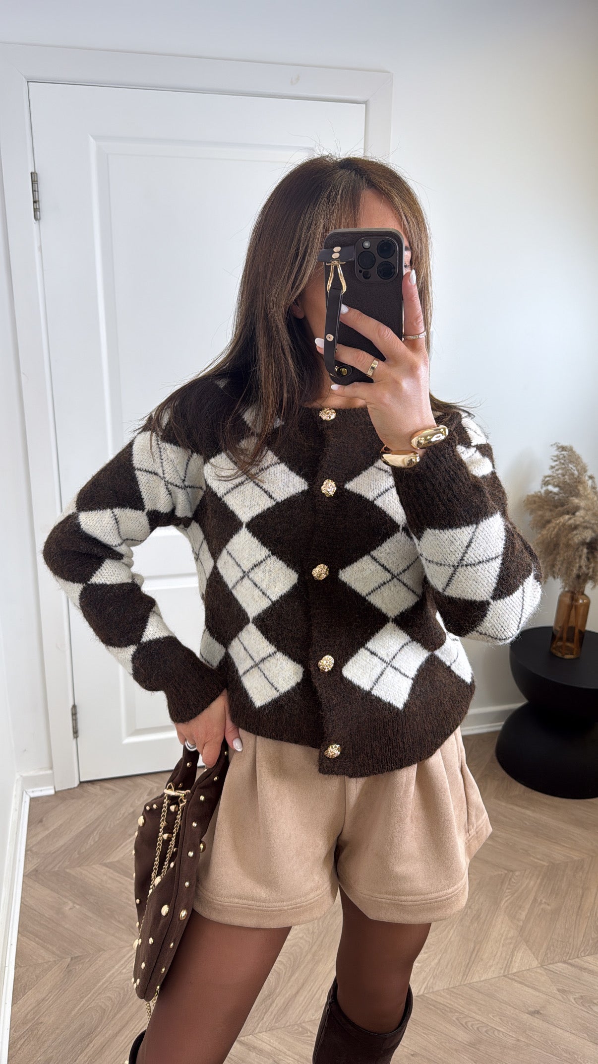 CHER cream and brown argyle cardigan with gold buttons